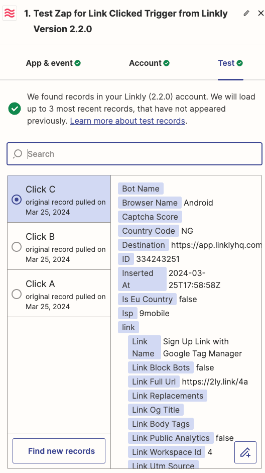 Linkly link click trigger event